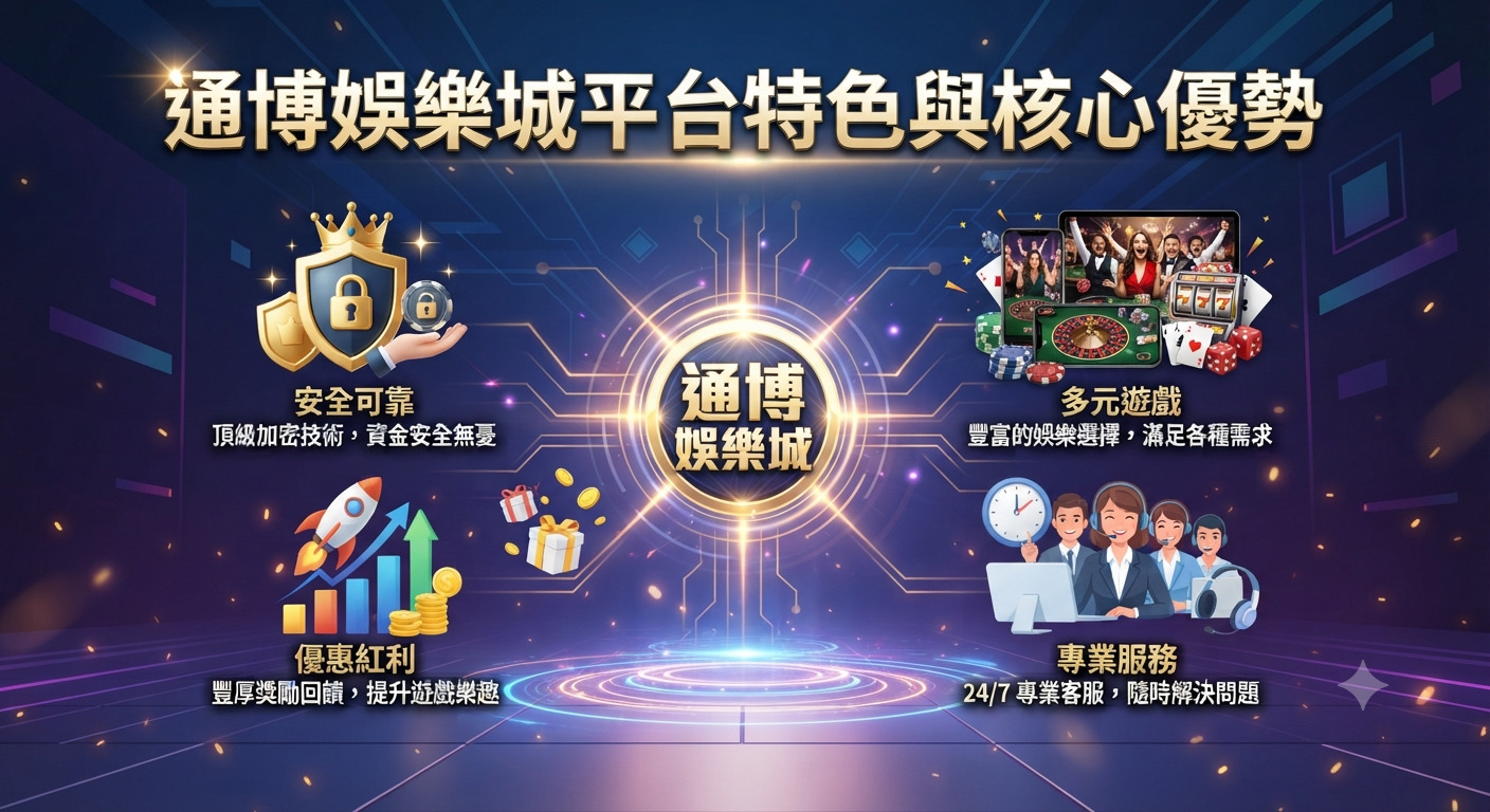 這是一張以「通博娛樂城平台特色與核心優勢」為主題的科技感宣傳圖片,頂部醒目地顯示著大標題。 畫面透過豐富的視覺圖標與藍紫色調,展現出平台的安全可靠、多元遊戲、專業服務與優惠紅利等核心優勢。