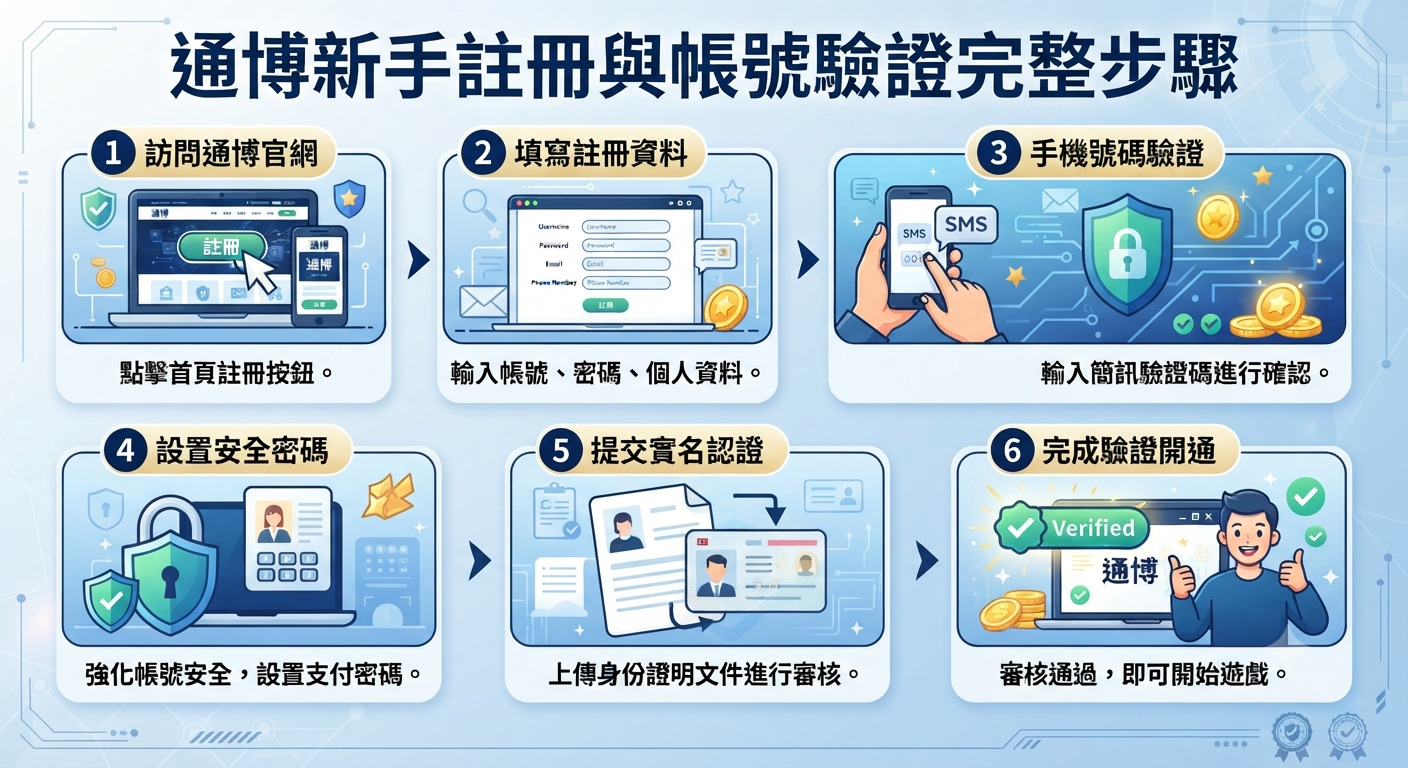這張圖片展示了通博新手註冊與帳號驗證的完整六個步驟。 內容包含從訪問官網、填寫資料到完成驗證開通的詳細圖解流程。